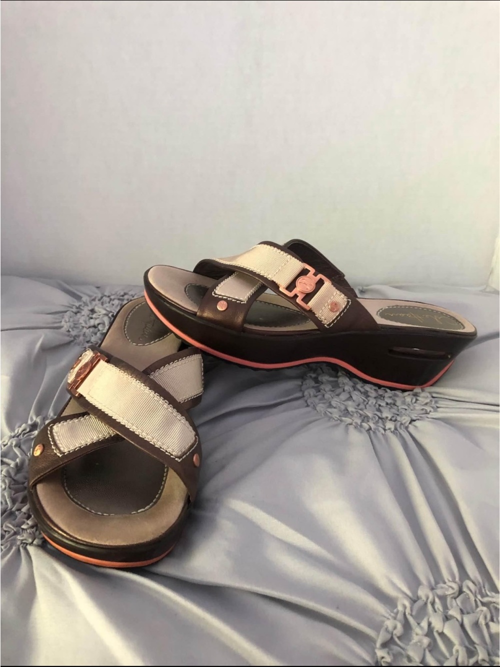 Cole Haan Brown and Cream Wedge Slide Sandals with Coral Accent